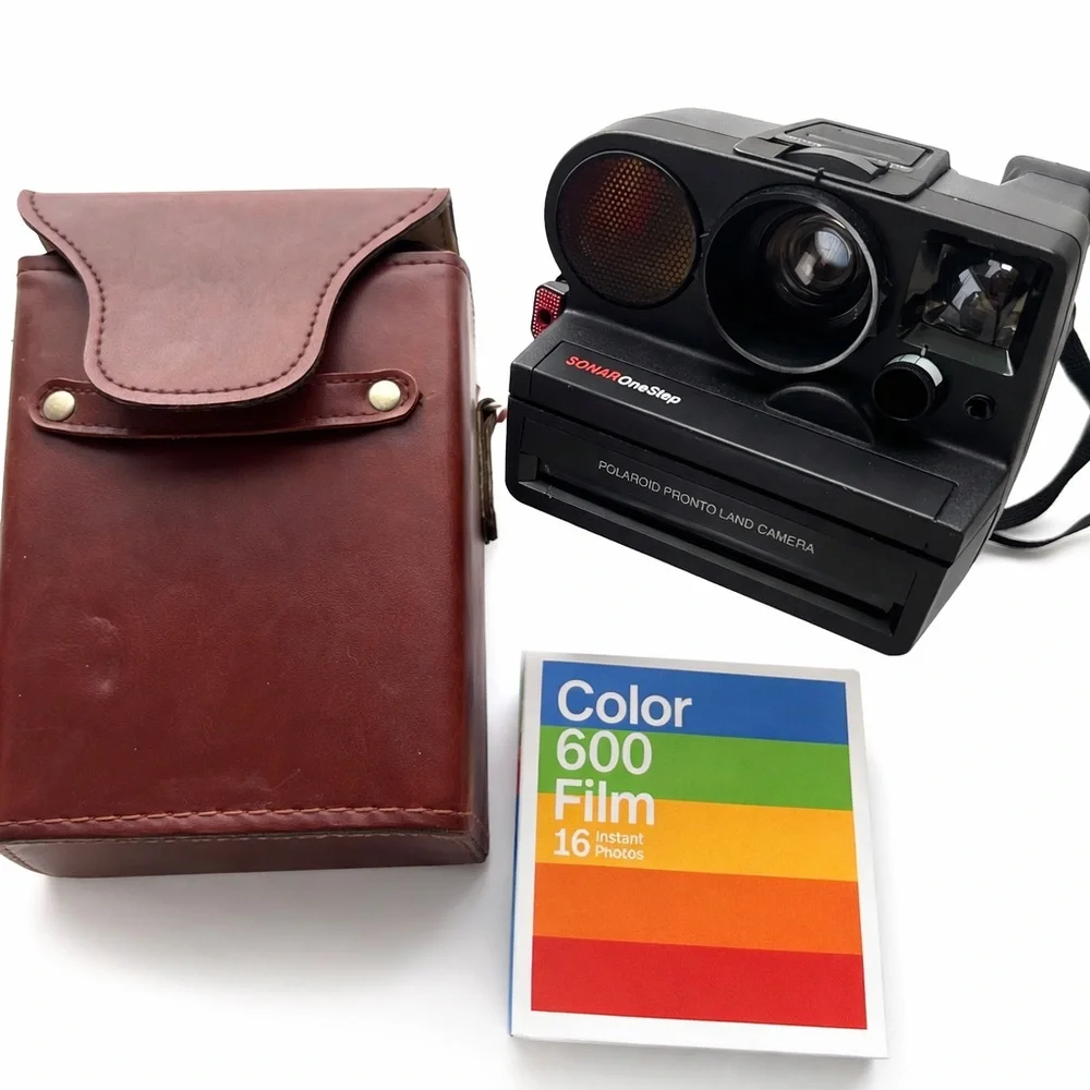 Polaroid OneStep Black Camera with Brown Leather Case